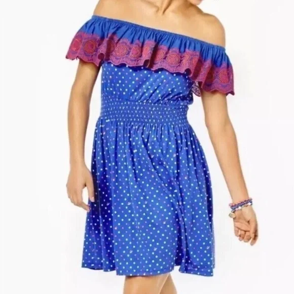 NWT Lilly Pulitzer XS Off The Shoulder Blue Pink Embroidered Kalama Mini Dress - Picture 5 of 11